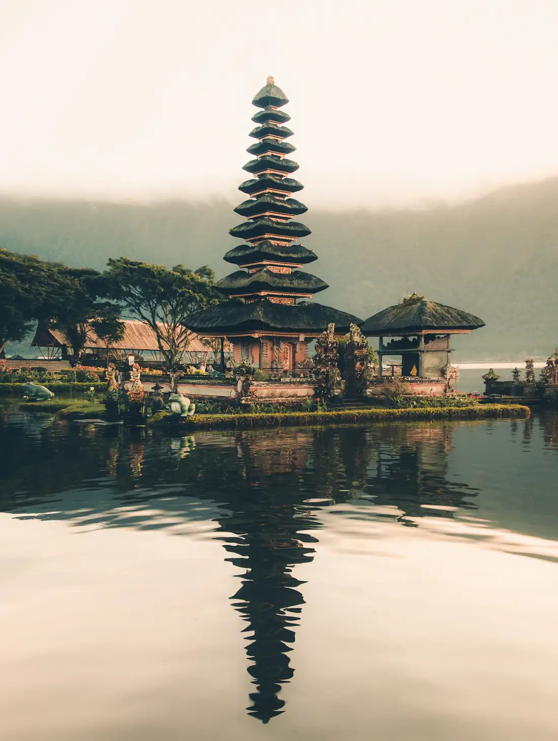 Balinese lake temple with tiered roofs