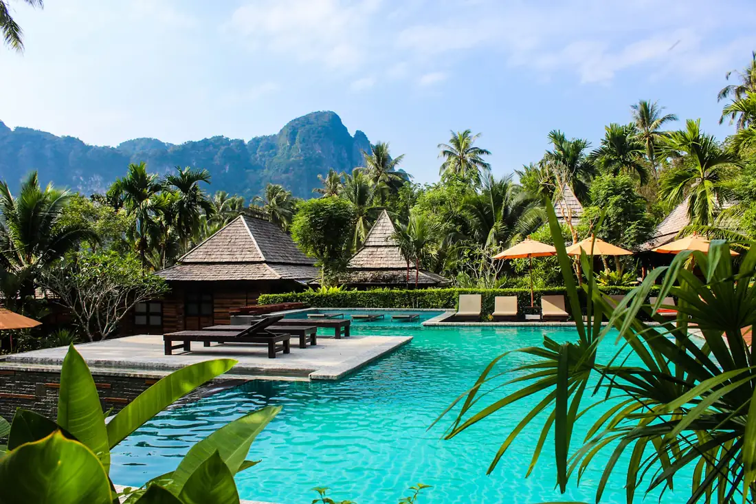 Resort pool with palms and mountains behind